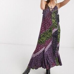 Free People Work of Art dress high/low  beautiful purple black and green print.